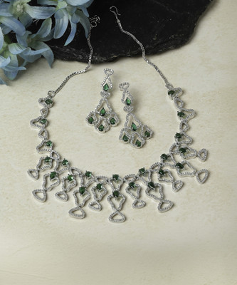 ZENEME Brass Rhodium Green Jewellery Set(Pack of 3)