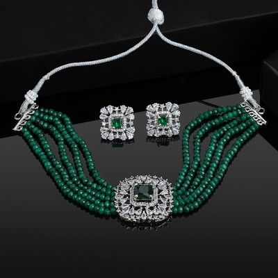 Estele Brass Rhodium Green Jewellery Set(Pack of 3)