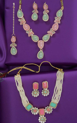 illusion Crystal Rhodium Pink, White, Green Jewellery Set(Pack of 2)