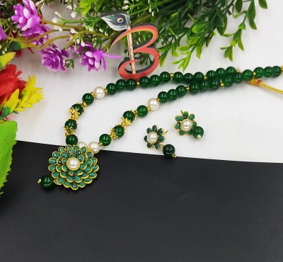 banshidhar jewellers Brass Rhodium Green Jewellery Set(Pack of 3)