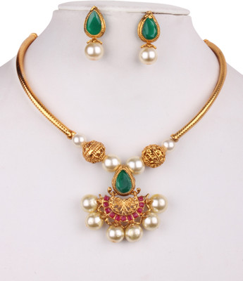 piah fashion Alloy Gold-plated Green, White, Pink Jewellery Set(Pack of 1)