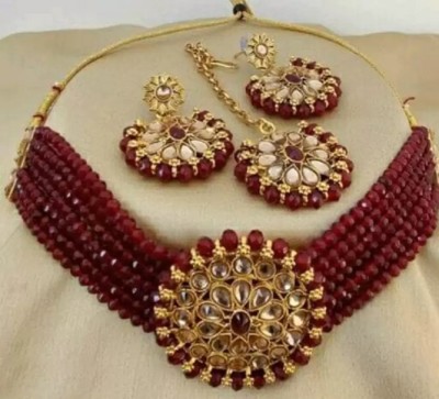 White pearl Alloy Gold-plated Maroon Jewellery Set(Pack of 1)