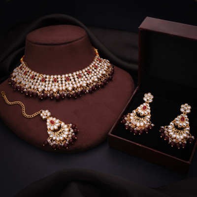 Parisal Brass Gold-plated Gold, Maroon Jewellery Set(Pack of 1)