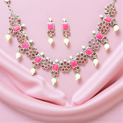 Aroras Bridal & Fashion Jewellery Brass Silver Pink Jewellery Set(Pack of 1)