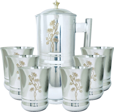Artha Jug Glass Set of 7 Stainless Steel Mirror Polished And Laser Printed Set Jug Glass Set(Stainless Steel)