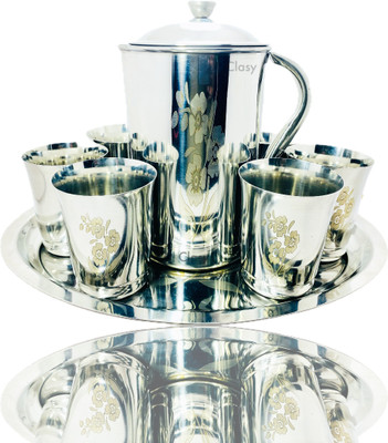 CLASY Jug Glass Tray Set Laser printed Pack of 8 Jug Glass Tray Set(Stainless steel)