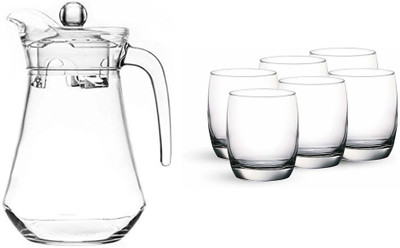 S1Store Italian Premium Juice & Water Jug Glasses Set of 7 & Jug Set Combo (6 Pieces Glasses 250ML & 1 Juice or Water Jug 1.3 Liter), Transparent, Glass & Jug Set for Dining Table, Highball Water Glasses Jug Glass Set(Glass)