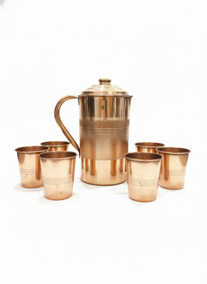 TambaVeda Pure Copper Water Jug Set with 6 Glass Health Benefit Drinkware | 1500 ml Jug Glass Set(Copper)