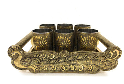 NAVRANG Serving Tray Set Glass Tray Set Glass Tray With Handle Set Wooden Tray Set Lemon Set Glass Tray Set(Tray :- Wooden, Glass :- Steel)