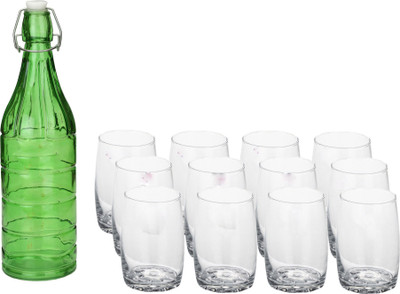 Somil 1000 ml Glass Bottle With Drinking Glass(Pack of 13, Green)
