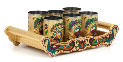 NAVRANG Lemon Set Meenakari Tray WIth Handle Serving Tray Set Glass Tray Set(Wooden)