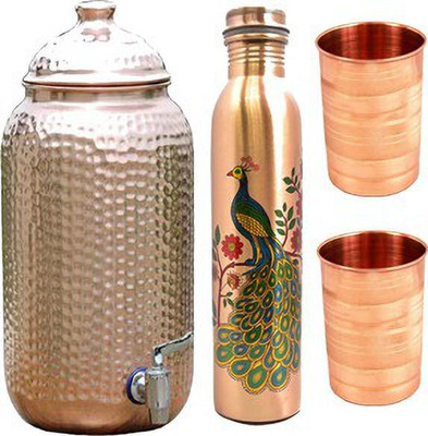 EVERGROW Hammered Copper Water Dispenser (Matka/Pot) With Printed Copper Bottle And 2 Glass Jug Bottle Glass Set(Copper)