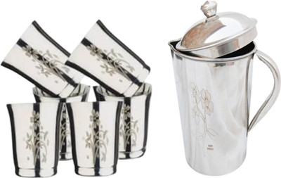 MiiArt Stainless Steel Water Jug 2 Litre with lid and 6 Glass Set (Jug Size: 25 cm) Jug Glass Set(steel)