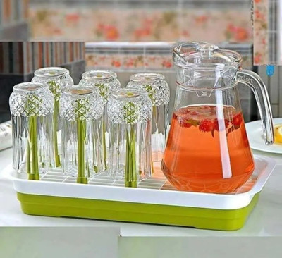 S1Store Italian Premium Glass jug 1300 ml with Lid Drinking Glasses Set 6 Glass 280ML Jug Glass Set(Glass)