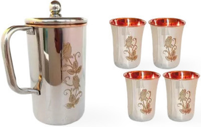 RAGHAV Pure Steel Copper Designed Jug Volume- Jug 1600 ML With 4 Glasses 300ml Jug Glass Set(Copper, Steel)