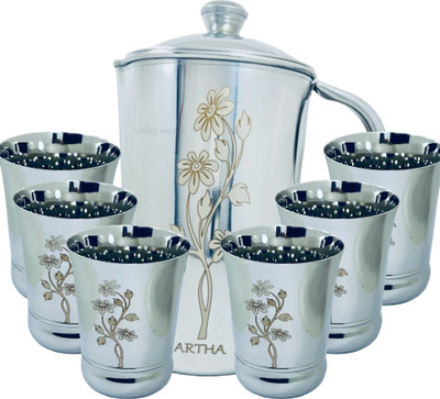 Artha Jug Glass Set- SS Laser Printed And Mirror Polish jug With 6 pcs Of Glass Jug Glass Set(Stainless Steel)