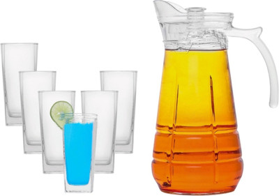 SMILERY Crystal Clear Water Juice Multi Purpose Lemon set of 7. (1Jug Glass 6) Jug Glass Set(Jug 1700ML Glass 315ML)