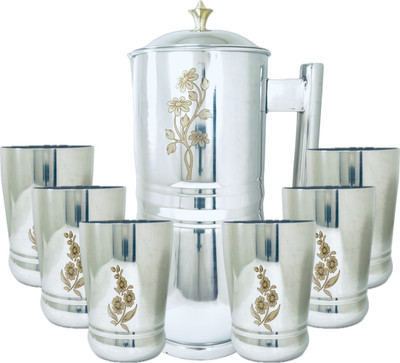 Artha Jug And Glass Set 2 Litre Jug,400 Ml Glass Each| Mirror Polished| Laser Printed Jug Glass Set(Stainless Steel)