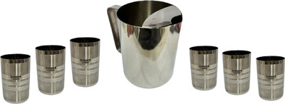 Dynore Stainless Steel 6 Round Glass With 1 Ice Guard Jug, Serving Set Jug Glass Set(Stainless Steel)