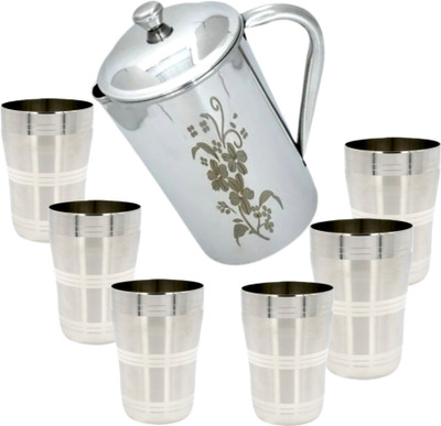 Qality Stainless Steel 2 Liters 1-Jug & 6-Glass Combo Jug Glass Set(Stainless Steel)