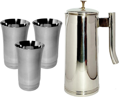 A & H ENTERPRISES Plain Design Combo of 1.8 Litre steel water jug with Lid and 3 Glasses Jug Glass Set(Stainless Steel)