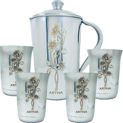 Artha Jug Glass Set- SS Laser Printed & Mirror Polished-Jug And 2 Glasses 400Ml Each Jug Glass Set(Stainless Steel)