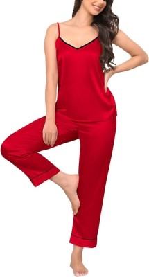 Mixopia Women Solid Red Top & Pyjama Set