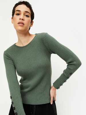 MAX Self Design Round Neck Casual Women Green Sweater