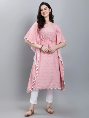 EverX Women Printed Kaftan Kurta(Pink)