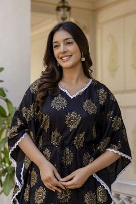 flexflow Women Printed Straight Kurta(Black)