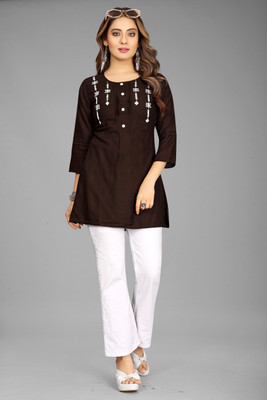 Ras Madhuri Casual Embroidered Women Brown Top