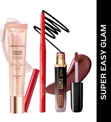 FACES CANADA Strobe Cream (18ml) + Kajal (0.35g) + Comfy Wow Liquid Lipstick (3.8ml) | Glowy(Rose Gold + Black + Cocoa Crush 07, 21 ml)