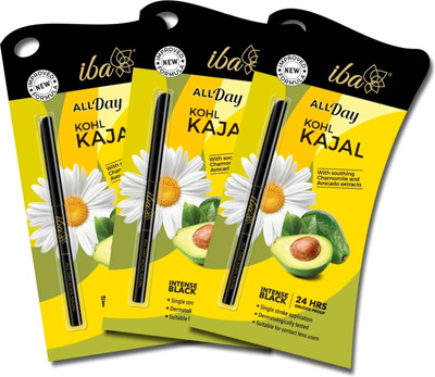 Iba All Day Kohl Kajal 24 Hr Long Stay, Smudge Proof & Waterproof 0.3g (Pack of 3)(Jet Black, 0.3 g)