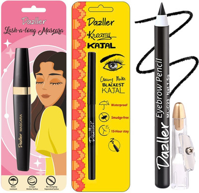 Dazller EyeMakeup Essentials - Mascara, 12.5g + KreamyKajal, 0.35g + EyebrowPencil, 1.5g(Black, 14.35 g)