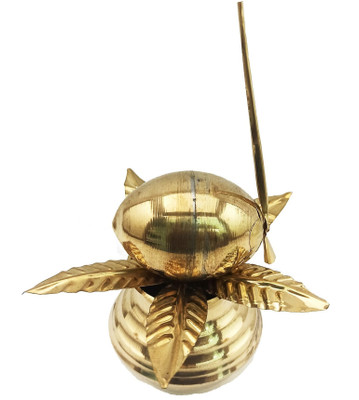 Real Craft Mangal Kalash with Brass Nariyal and Leafs | for Diwali Pooja Metallic Coconut Mango Leaves (7.5 cm x 7.5 cm x 10 cm),Small Size Brass Kalash(Height: 4 inch, Gold)