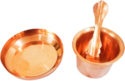 POOJA GHAR Pure Copper Panch Patra with Achmani Pali and Copper Plate Copper Kalash(Brown)