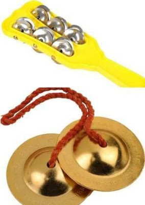 MAGA MART 6.5cm Brass Kartal Instrument with Plastic 3 line Manjira Set of 1 CYMBAL SET Kartal Instrument