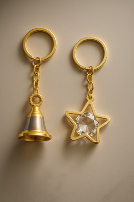 Khanda Golden Keychain Set–Bell & Star And Crystal Stone Stylish Durable Metal Key Ring Key Chain