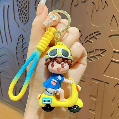 ZimniasO Cute 3D Cartoon Design Scooty Boy Keychains with Strap Charm & Hook, Yellow Blue Key Chain