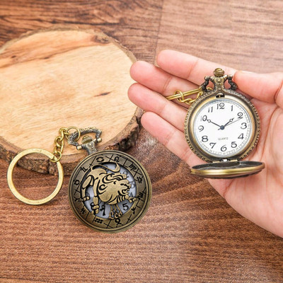Tiny Tim Zodiac Sign Leo Vintage Pocket-Watch Antique Style Metallic Keychain Best Gift Key Chain