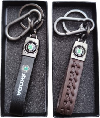 MYV Black And Brown Leather Keychain Compatible With SKODA Car Key Chain