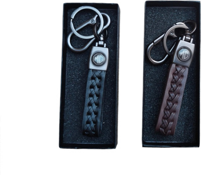 JNV Black And Brown Brown Leather Keychain Compatible With MG Hector Car Key Chain