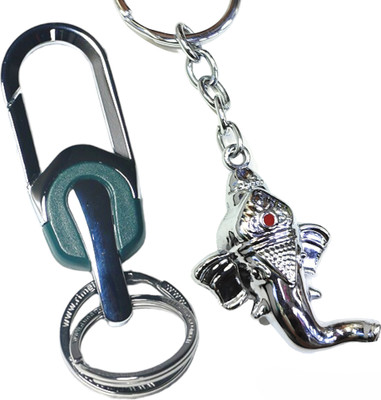 Jdp Novelty 2 pcs Set of Carabinar Metal Hook Keychain with Lord Ganesh Face Key Chain