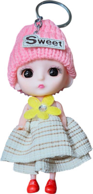 khushienterprice Sweet Doll Keychain with Pink Knit Hat, Striped Dress, Yellow Flower, Red Shoes Key Chain