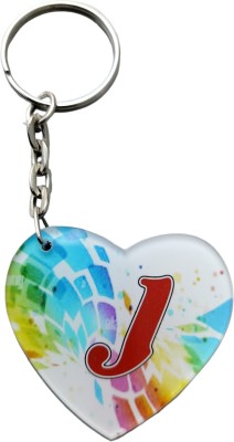 Deethyas Fashion Alphabet J Letter Acrylic Printing Heart Shape Double Sided ( Design May Vary ) Key Chain