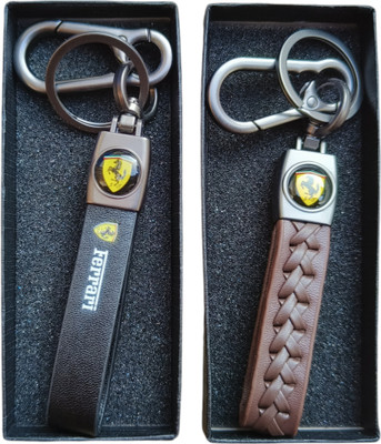 MYV Black And Brown Leather Keychain Compatible With FERRARI Car Key Chain