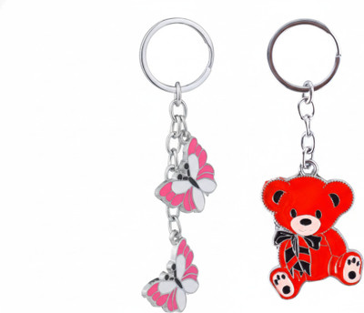 twilight shine Decorative Set of Red Teddy Bear and Double Pink Butterfly Enamel Key Chain