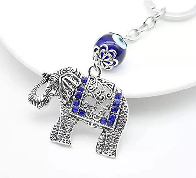 Lenity Blue and Silver Evil Eye Elephant Keychain For Bike/Car Gifting With Key Ring Key Chain