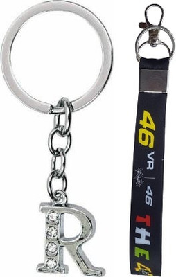RINKON Pack of 2 Doctor VR46 Nylon Black Tag Hook 7inch & Letter R Stone Decor Combo Key Chain