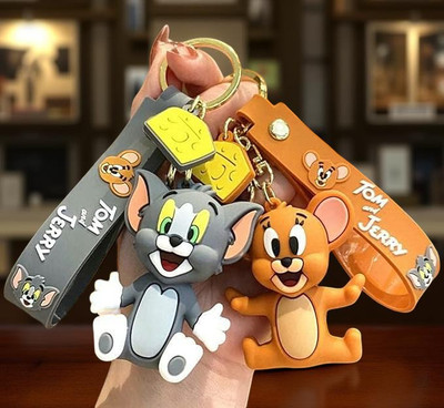 Tigloo Tom & Jerry Cartoon 3D Keychain Combo | Cute Silicone with Cheese Charm & Strap Key Chain